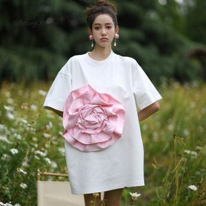 Designer Style New Spring Summer Fashion Streetwear 3D Big Floral T-Shirt Dress Women Long Tee Dresses
