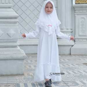 Gamis Putih Anak Motif Polos Lengan Panjang dengan Hijab Rayon Twill Premium Usia 3-10 Tahun