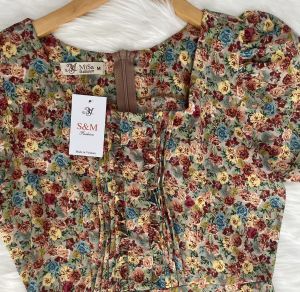 Đầm xòe hoa nhí form dài cổ vuông xếp ly bèo tay búp sen Misa - MS0243