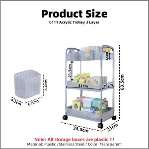 Johor Seller | Transparent Plastic Trolley Cosmetics Dormitory Cart Snack Storage Cart