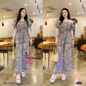 TW18889 Jumpsuit ขายาว ลายม้าลาย + สายผูกเอว