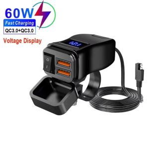 Local PD+QC3.0 Motorcycle USB Fast Charger 60W Dual USB Socket Holder with Switch Voltmeter Waterproof 12V Power Supply Adapter