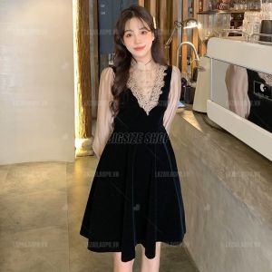 Rp♢Đầm dự tiệc Bigsize Váy tiểu thư nữ Giả Hai dáng suông tay dài cổ đứng mùa xuân Phong cách Hàn Quốc Thời Trang sang chảnh cá tính xinh đẹp quảng châu