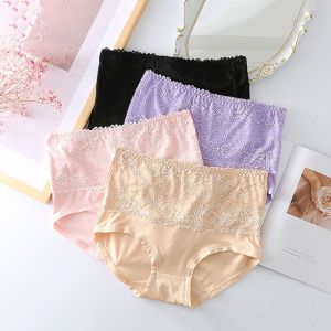COSE 4Pcs Tummy Control Lace Flower Briefs Large Size Mid Waist Underwear for Women Sweet Lingerie Seamless Panties Girl