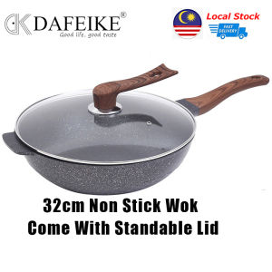 DAFEIKE 32cm Korean Non-Stick Maifan Stone Frying Pan Smokeless Cooking Wok Marble Stone Coating Aluminium Kuali Tak Melekat Cookware with 2 Handles Glass Lid Suitable Gas Electric and Induction All Stoves Nice Gift