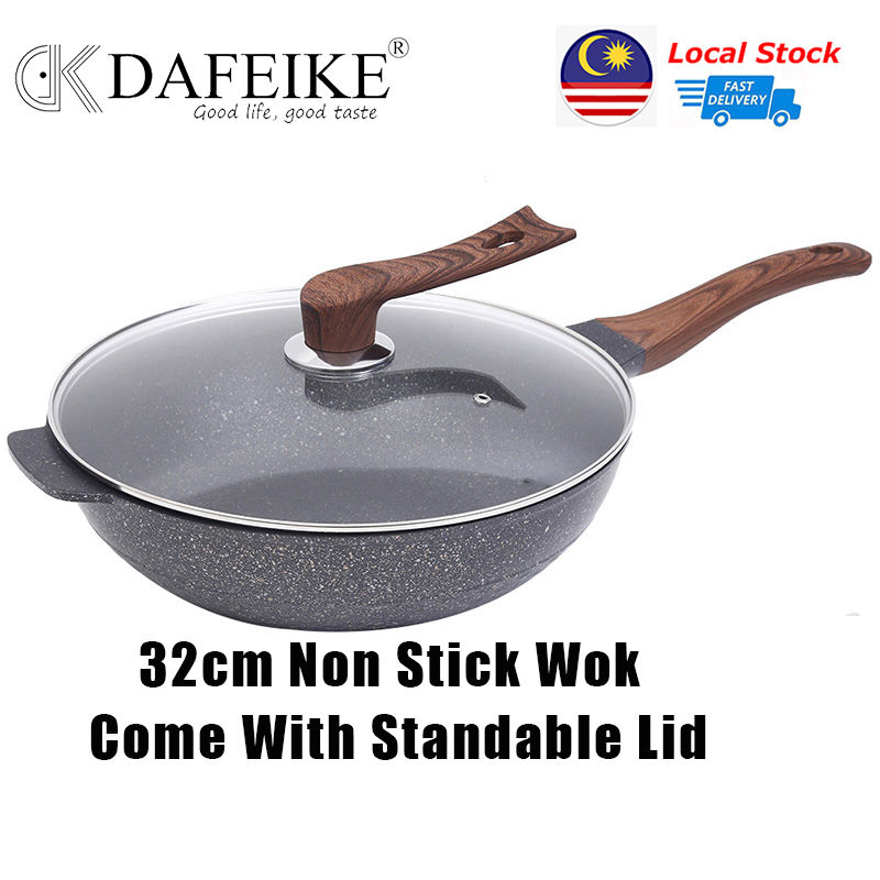 DAFEIKE 32cm Korean Non-Stick Maifan Stone Frying Pan Smokeless Cooking Wok Marble Stone Coating Aluminium Kuali Tak Melekat Cookware with 2 Handles Glass Lid Suitable Gas Electric and Induction All Stoves Nice Gift