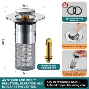 Bathroom Sink Plug Stopper Drain Strainer Copper Core Stainless Steel Pop-Up Wash Basin Leak Plug Bouncing Core Sink Filter