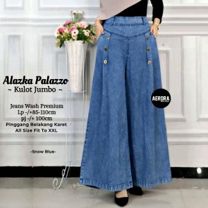 Alaska Celana Kulot Jeans Panjang Jins Jens Wanita Jumbo Hight Waist Payung Palazzo Kekinian Pinggang Karet Lp 85-110 P 100 Allsize