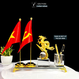 Hộp Đựng Bút Doanh Nhân Rồng Phú Quý 2 Cờ Chất Liệu Đồng Mạ Vàng và Pha Lê K9 Cao Cấp Hộp bút để bàn Quà Tặng Sếp