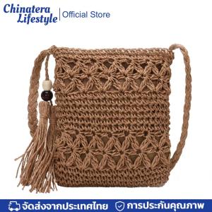 สีทึบพู่ไหล่กระเป๋าถือผู้หญิงทอชายหาด Casual Messenger กระเป๋า