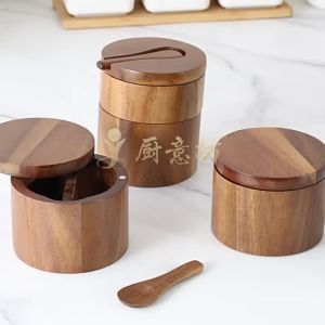 #Hot selling# Acacia wood salt shaker solid wood seasoning wooden pepper shaker kitchen seasoning bottle salt storage spice jar CQ Home