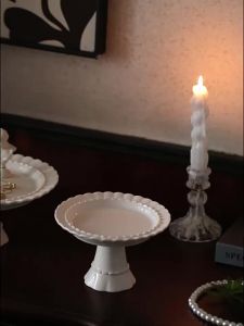 xpkQ French Retro Ceramic Medieval High-foot Plate Cosmetic Jewelry Storage Tray Decorative Cake Dessert Fruit Plate 2Z6B7