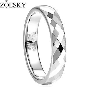ZOESKY 4MM Tungsten Carbide Rings Faceted Edge Dome Polished Silver Wedding Band Comfort Fit for Women Size 5-12
