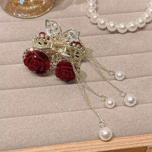 Korean Fashion Velvet Rose Cherry Hair Clip Pearl Tassel Horsetail Clamping Clips Advanced Shark Clip Hair Accessories Headwear Womens Claw Clips