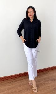 Atasan Kemeja Wanita Polin Polos Kerah Shanghai tangan panjang