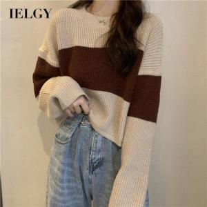 IELGY เสื้อสวมหัวลายทางสำหรับผู้หญิงเสื้อลายทางเสื้อนอกเสื้อกันหนาวแบบสั้นเสื้อตัวหลวมแขนยาวบาง