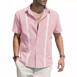 Mens Elegant Short Sleeved Shirt Lapel Button-down Solid Business Shirts Casual Stripe Blouses