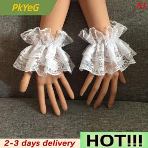 PkYeG Lolita Hand Sleeve Wrist Cuffs Ruffled Floral Black Lace Elastic Bracelet Elegant Ladies Short Lace Gloves Halloween