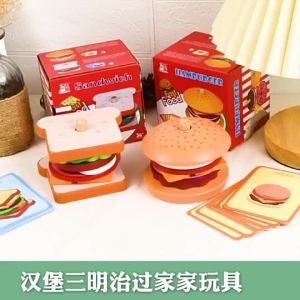 Stacking Burger Sandwich Wooden Montessori Toy Pretend Play Set for Kids