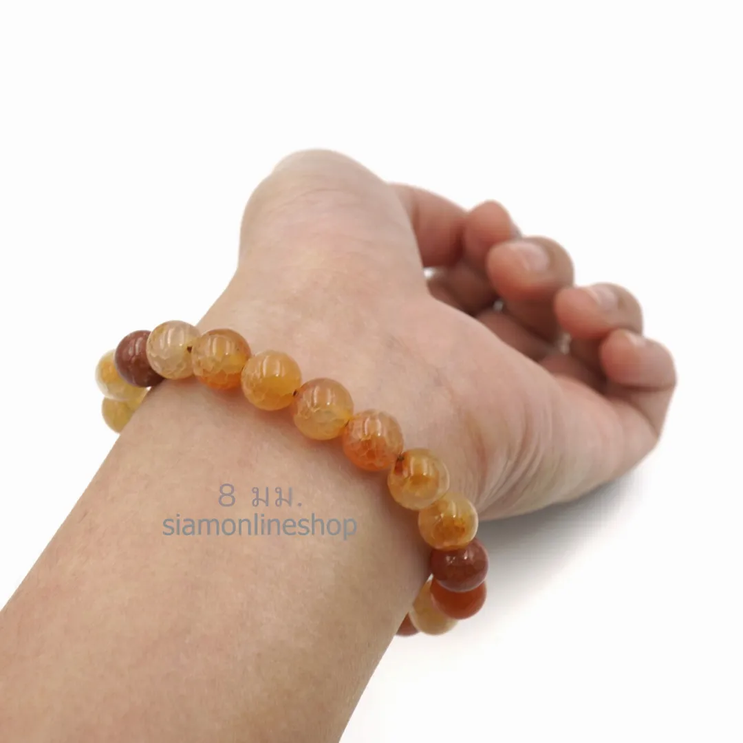 Orange Cracked Agate Stone หินมงคล หินเกล็ดมังกรสีส้ม เลือกขนาดเม็ดหินได้ (6-12 มม.) สร้อยข้อมือหินแท้