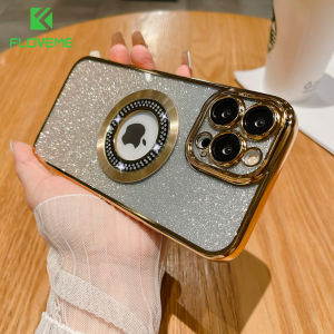 FLOVEME Gradient Glitter Diamond Logo Hole Wireless Charging Phone Case For iphone 14 13 12 11 Pro Max 14 Plus With Lens Film Protector All-inclusive Plating Clear Soft TPU Back Cover For iphone X XR XS Max