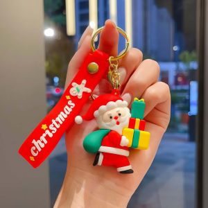 Cute 3D Christmas Keychain Soft PVC Cartoon Santa Reindeer Xmas Figure Key Ring Merry Christmas Ba