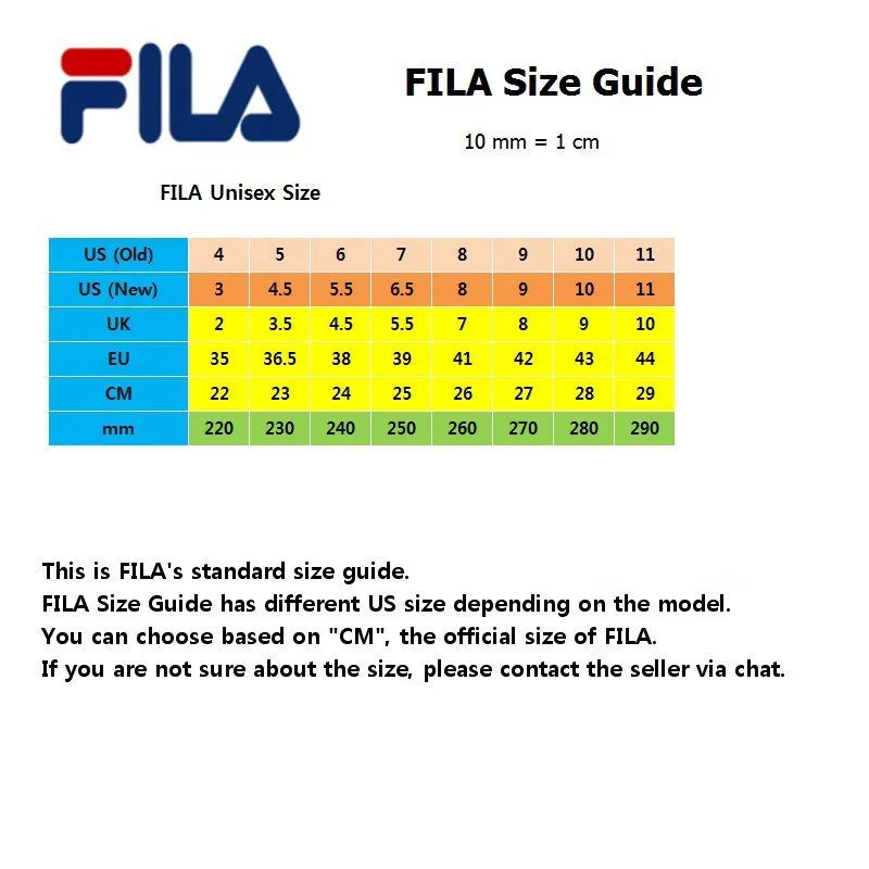 Fila womens store shoes size chart