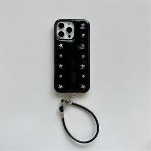 Ins Fashion Inlaid with rivets Stars Leather Texture Case For iPhone 16 15 14 17 Air Pro max Cover Wrist strap Skin Funda Shockproof non slip Capas Coque