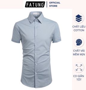 Áo sơ mi ngắn tay FATUNO nam Hàn Quốc màu xanh đen vải cotton lụa chống nhăn không bai xù