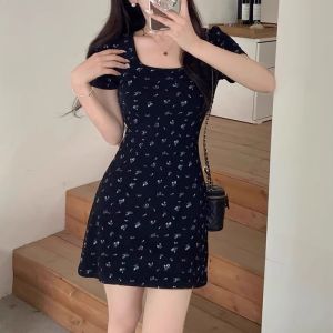 Yoohui QZ187 Short Sleeve Floral Mini Dress Dress Round-Neck Lengan Pendek Motif Bunga Daisy Gaya Korea Untuk Wanita Korean Flowers Bodycon Mini Dress Wanita Gaun dengan Bagian Rok Kasual Ramping