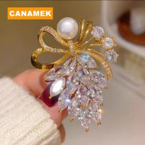 【CANAMEK】 Fashion Rhinestone Crystal Bow Pearl Brooches Women Clothing Coat Jewelry Accessries Gifts