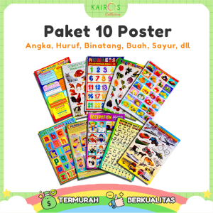 Paket 10 Poster Belajar Anak Edukasi Angka Huruf Binatang Buah Sayur dll