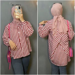 Kemeja Wanita Kasual Motif Garis Salur Jumbo Silang Belakang