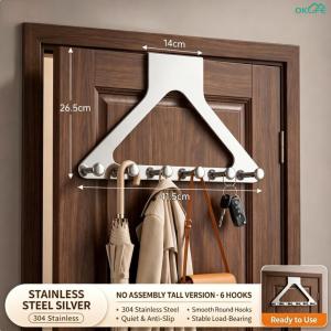[OKLIFE. SG]No‑Drill Over‑Door Hook Rack Durable Metal Door Hanger Multi Hooks for Coat Umbrella Keys Entryway Organizer