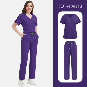 【NEW】NiaaHinn Fashion Women Elastic Wrinkle Resistant Breathable Scrub Suit Set with cargo pants Doctor Nurse Uniform【Short Sleeves V-neck Lace-up Top+ Straight Cut Pants】