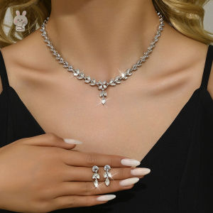 Ekopdee Set Perhiasan Daun Brilian Mewah Untuk Wanita Zirkon Warna Perak Anting-anting Kalung Pengantin Pernikahan