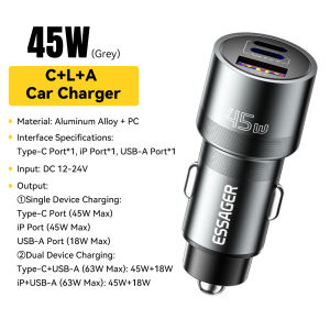 Essager PD 45W Car Charger Type-C+L+A Ports Smart Reverse Charging 27W Fast Charging Safe Protection Car Charger for iPhone