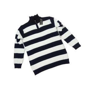 sweater pria dewasa resleting baju rajut pria lengan panjang tebal kerah tinggi zipper strip garis belang jumbo