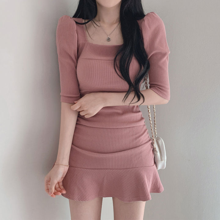 Women Korean Square Neck Slim Bubble Sleeve Wrap Hip Short Dress Summer ...