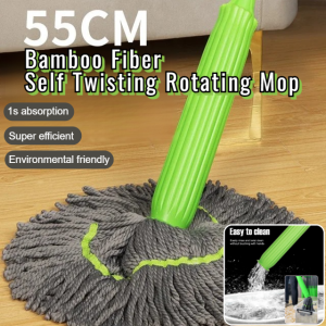 【1-Second Dehydration】Bamboo Fiber Self Twisting Rotating Mop 360° Hand-Free Strong Water Absortion Home Mop Dual Dry & Wet Use
