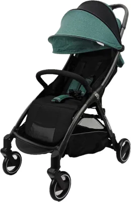 FAIRWORLD Lightweight & Auto Fold Stroller BC 136 - Black frame green canopy 4 wheels storage basket suitable for travel.