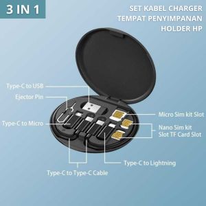 Set Kabel Cas Charger USB Type C Micro USB Lightning with Case Tempat Bisa Jadi Holder Stand HP 60W