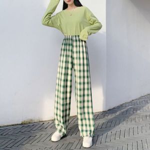 YANGW High Waist Vintage Plaid Women Pants Straight Wide Leg Harajuku Plaid Pants Casual Loose Y2K Checkered Pants Streetwear