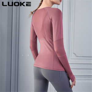 Luoke Long Sleeves Cycling Tracksuit Round Collar Sports Wear Mesh Panels Are Breathable and Elastic Gym Clothes Yoga Suit with Hand and Thumb Protective Cover for Women