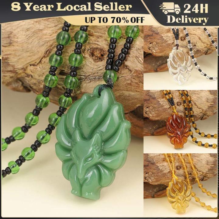 Natural Green Chalcedony Hand-carved Nine-tailed Fox Pendant