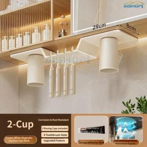 [SG Seller]No Drill Bathroom Organizer with 4 Cups & Toothbrush Holders Stainless Steel Shelf for Bathroom Accessories