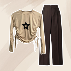 One Set Korean Style 2in1 ( Crop Top Wanita Rib Knit Tali Serut + Loose Pants Cringkle Premium Anti Kusut) - KA013