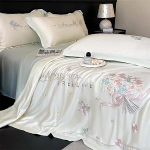 Bedding four-piece set Class A ice silk summer quilt four-piece set new embroidered cool air conditioner quilt summer thin quilt machine washable four-piece set (bed sheet * 1 air conditioner quilt * 1 pillowcase * 2)