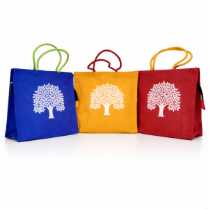 Eco-Friendly Traditional Jute Lunch Bag with Tree Print Design | Zip Closure Multipurpose Tote for Grocery Shopping & Travel | Pack of 1 | Size: 10(H) x 12(W) Inches