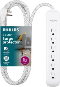 6 Outlet Power Strip Surge Protector 6 Ft Power Cord Designer Braided Extension Cord Flat Plug Perfect for Office or Home Décor 1080 Joules White SPC3054WA/37